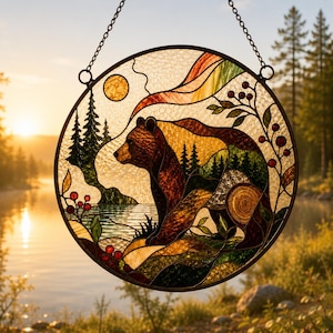 Könnte beinhalten: Ein runder Buntglas-Sonnenfänger mit der Silhouette eines Braunbären, die mit einer Waldlandschaft gefüllt ist. Das Design umfasst eine Sonne, Tannenbäume, einen See und rote Beeren, eingefasst in Metall mit einer Kette zum Aufhängen.