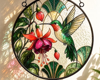Hummingbird Suncatcher Round Glass Window Hanging Stained Glass Style Fuchsia Flower Decor Garden Bird Wall Art Hummingbird Lover Gift Decor