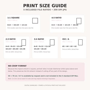 Printable cocktail and heels wall art size guide showing 1:1, 4:5, 2:3, 3:4 and ISO A print ratios with 300 DPI high-resolution digital files and full no-crop artwork.