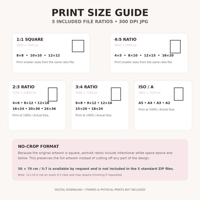 Printable cocktail and heels wall art size guide showing 1:1, 4:5, 2:3, 3:4 and ISO A print ratios with 300 DPI high-resolution digital files and full no-crop artwork.