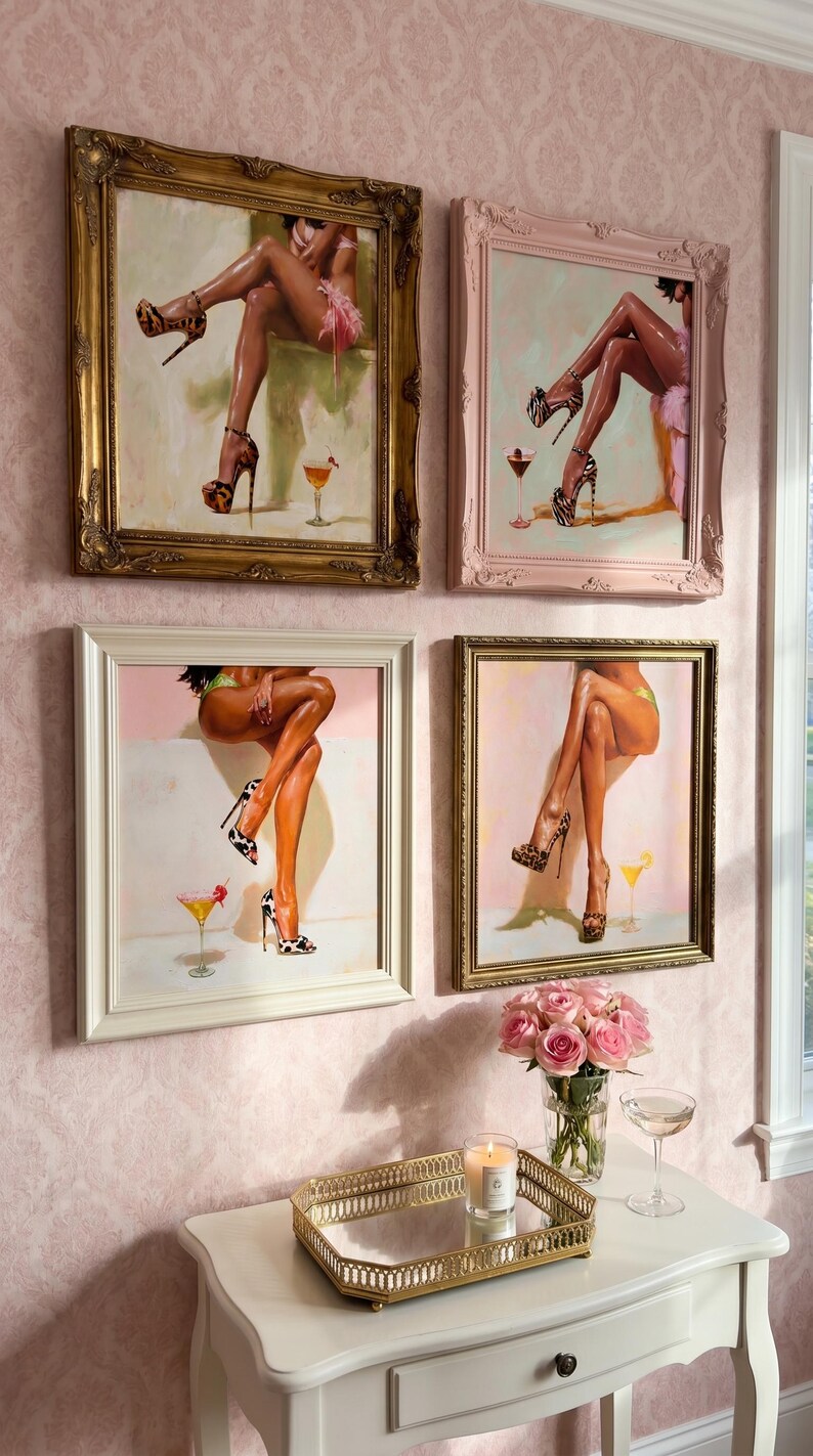 Cocktail & Heels Wall Art — Set of 4 | Y2K Glam Fashion Prints
Serve looks and cocktails on your walls. This set of 4 painterly glam prints features statement leopard & tiger-print platform heels paired with martinis and lemon drop cocktails — in a chic pink and green palette. Perfect bold, fun decor for a bar cart, home bar, glam kitchen, vanity, she-shed, or dressing room.