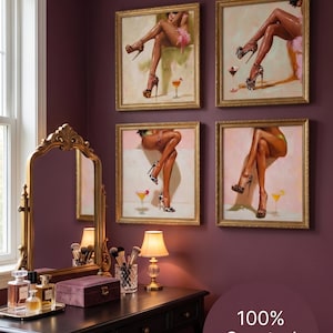 Serve looks and cocktails on your walls. This set of 4 painterly glam prints features statement leopard & tiger-print platform heels paired with martinis and lemon drop cocktails — in a chic pink and green palette. The perfect bold, fun decor for a bar cart, home bar, glam kitchen, vanity, she-shed, or dressing room.