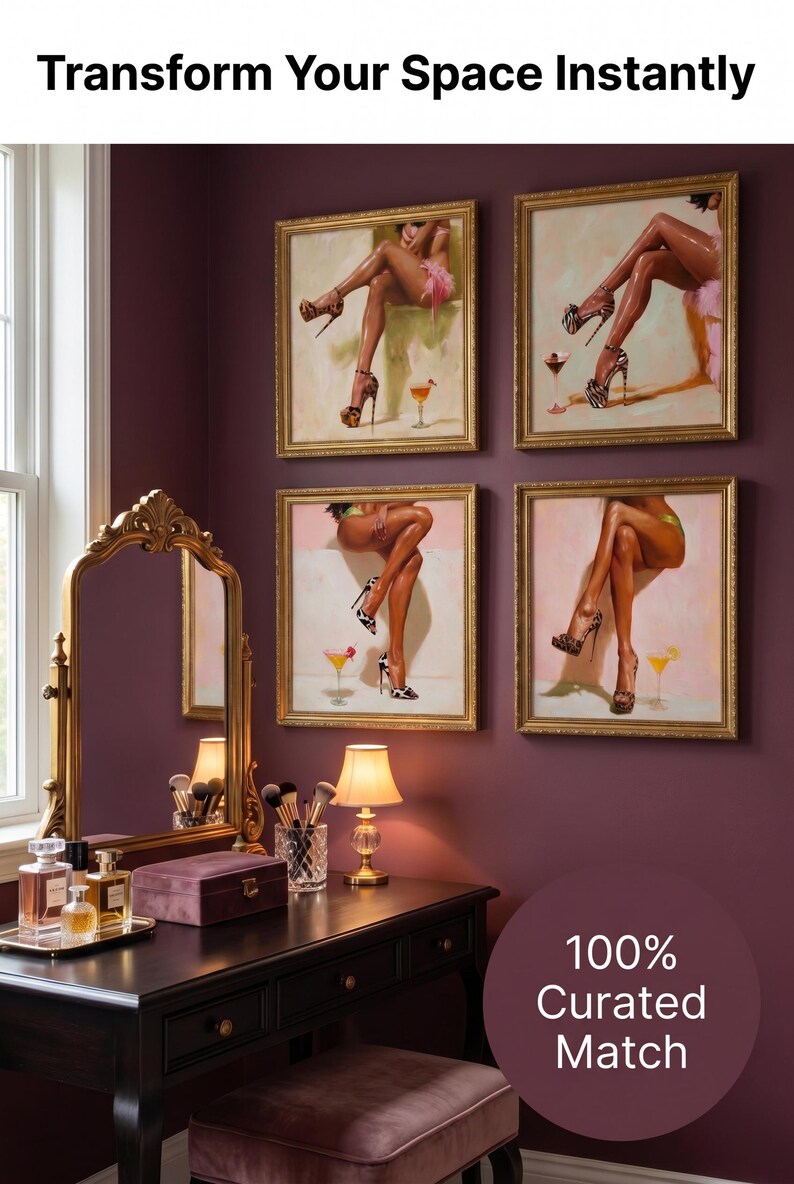 Serve looks and cocktails on your walls. This set of 4 painterly glam prints features statement leopard & tiger-print platform heels paired with martinis and lemon drop cocktails — in a chic pink and green palette. The perfect bold, fun decor for a bar cart, home bar, glam kitchen, vanity, she-shed, or dressing room.
