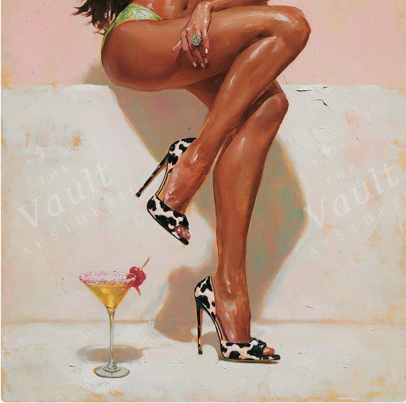 black-and-white cow-print heels + pink sugar-rim martini with a cherry.