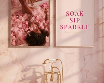 Pink Bathroom Wall Art Set of 2 | Glam Bathtub Print | Black Woman Soak Sip Sparkle | Luxury Spa Marble Bathroom Decor Digital Download