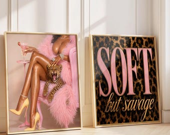 Soft But Savage Leopard Wall Art Set of 2, Black Woman Glam Print, Boujee Bedroom Decor, Digital Download