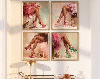 Cocktail Heels Wall Art Set of 4 | Vintage Oil Print | Bar Cart Martini & Pink Green Heels | Leopard Cub Cocktail Print Digital Download