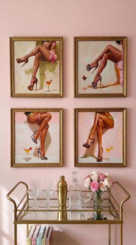 Cocktail Wall Art Set of 4 | Martini wall art | Bar Cart Decor | Y2K Glam Fashion Wall Art | Pink  Printable Digital Download