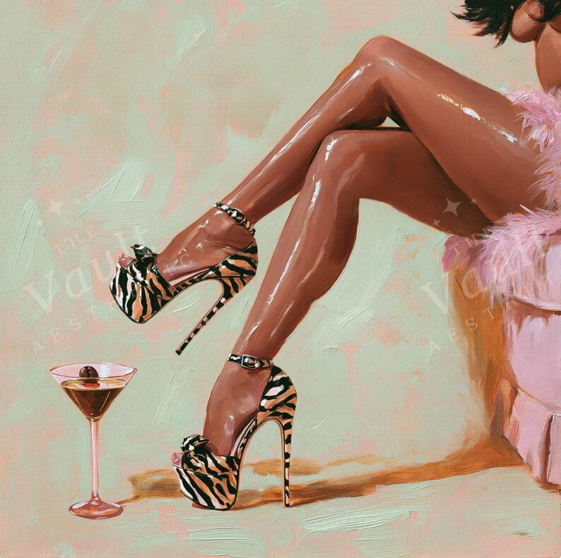 tiger-stripe platforms + pink boa + a dark martini, mint background.