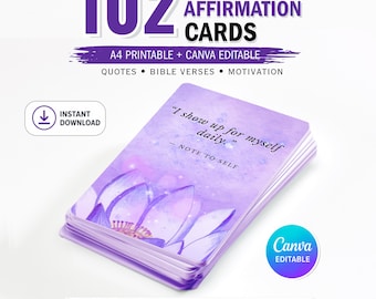 Self Care Affirmation Cards Printable for Women, 102 Positive Affirmations, Lavender Purple Motivation Cards, Canva PDF, Digital Download
