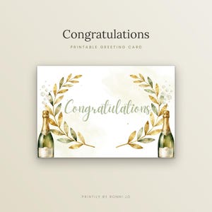 以下が含まれることがあります： Congratulationsの文字が筆記体で書かれた印刷可能なグリーティングカード。水彩画風の金色の葉の枝2本とシャンパンボトル2本が描かれており、白地の背景に淡い緑と金色の水彩アクセントが施されています。