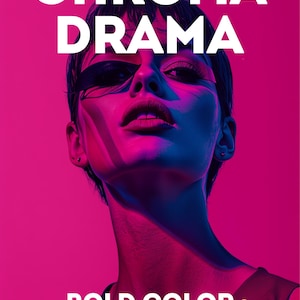 May include: A portrait of a person with short hair illuminated by vibrant pink and blue lighting. The text STACKABLE CHROMA DRAMA appears at the top, and BOLD COLOR & DUOTONE PRESETS is printed at the bottom in white and yellow lettering.