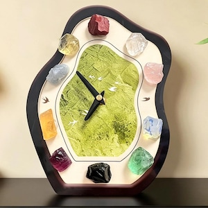 Chakra Crystal Clock Natural Amethyst Obsidian Gemstone Desk Decor Handmade Spiritual Meditation Gift