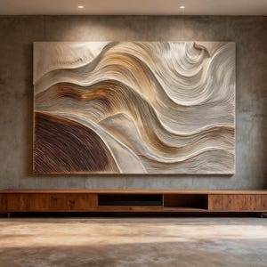May include: A large rectangular wall art piece featuring a textured, three-dimensional abstract design with flowing, wave-like patterns in shades of cream, beige, tan, and dark brown, mounted above a long, low wooden media console cabinet.