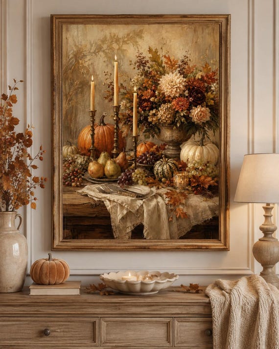Thanksgiving Harvest Table Wall Art, Vintage Candle Still Life Printable, Autumn Digital Download