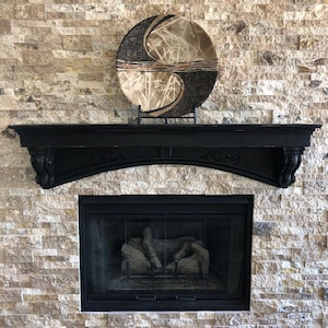 French Country Fireplace Mantle with Corbels, Gothic Arch, Distressed Black
