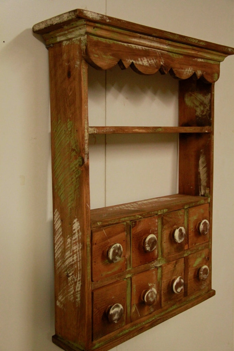 Kitchen Spice Rack Apothecary Wall Shelf Cabinet Primitive French Country With Drawers