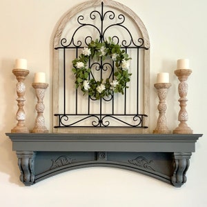 French Country Mantle with Corbels, Custom Gothic Arch, Cottage Chic Shelf
