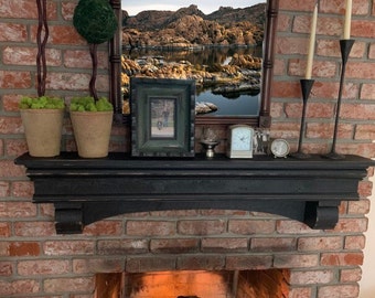 French Country Distressed Black Fireplace Mantle with Corbels