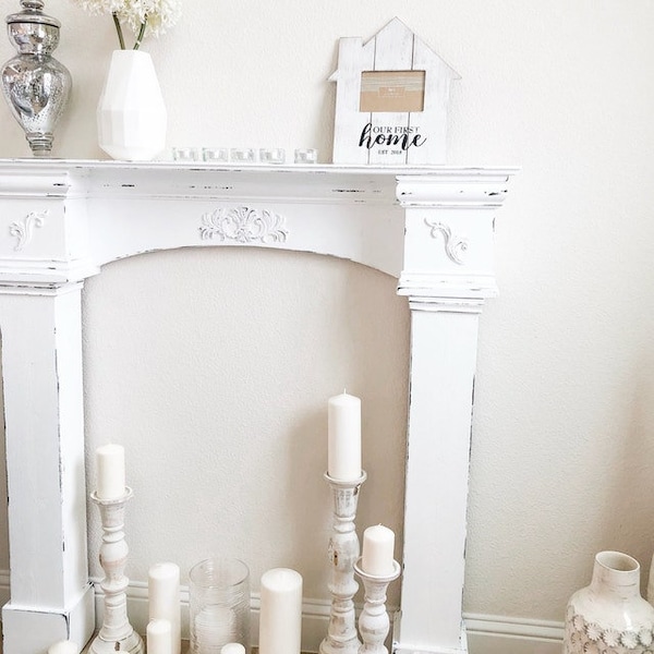 Vintage French Country Fireplace Mantle with Surrounds, Distressed White Mantle, mantle with legs, full mantle