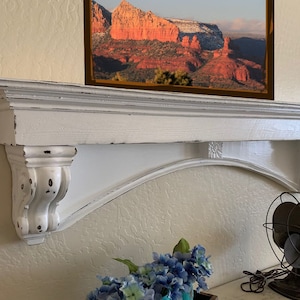 Distressed White Gothic Mantle with Corbels, French Country Floating Shelf