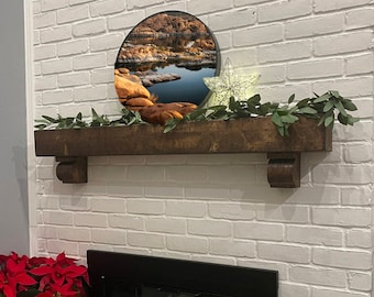 Wood Beam Fireplace Mantle with Corbels, Hewn Beam, Floating Shelf