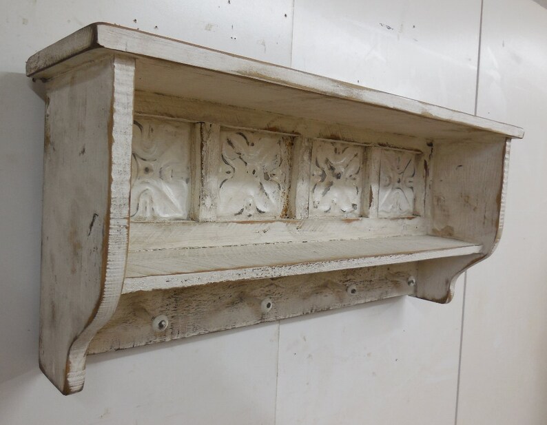 Primitive Wall Shelf Rustic With Shaker Pegs Coat Rack Antique Ceiling Tins French Country