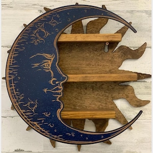Sun and Moon wall shelf, Laser cutout celestial shelf, wall shelf, mid century shelf, essential oil shelf, crystal quartz wall shelf