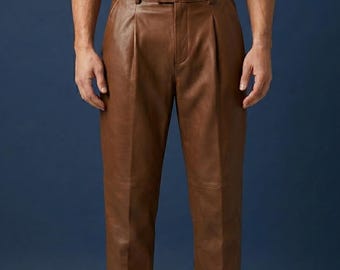 Geplooide echtleren herenbroek | Elegante bruine formele leren broek | Broek in vintagestijl