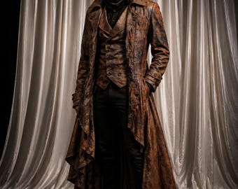 Gabardina de cuero marrón desgastado / Abrigo largo steampunk para hombre / Disfraz de cosplay postapocalíptico
