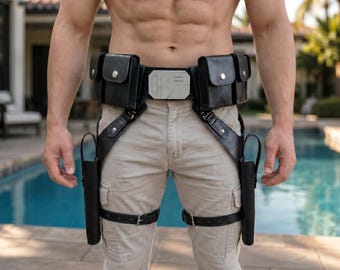 Mandalorian leren tactische holsterriem | Op Star Wars geïnspireerde, nauwkeurige zwarte Mandalorian-uitrusting op het scherm