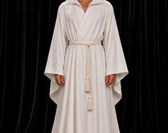 White Hooded Ritual Robe - Wizard Cosplay Cloak with Tasselled Rope Belt