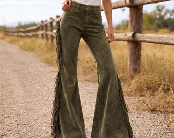 Olijfgroene suède leren broek met franje | Bell Bottom dames | Westernbohobroek met hoge taille