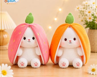 Peluche de conejito fresa, peluche de conejo transformable, adorable animal de peluche kawaii, suave peluche de conejito, regalo para niños, niñas y amantes de los conejos.