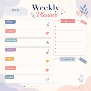 以下が含まれることがあります： クリーム色の背景に「Weekly Planner」という文字が上部に記された週間プランナーシート。各曜日のセクション、箇条書きのタスクリスト、メモ欄があり、全体がパステルカラーの植物モチーフで装飾されています。