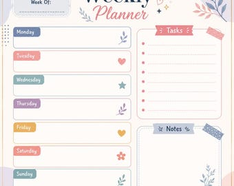 Planificador semanal imprimible, horario semanal en tonos pastel, planificador estético, lista de tareas semanales, planificador de tareas, planificador digital, página de notas