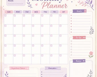 Planificador mensual imprimible, calendario mensual en tonos pastel, planificador estético, lista de tareas y objetivos mensuales, fechas importantes, planificador digital