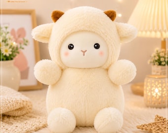 Lindo peluche de cordero, peluche de oveja kawaii, peluche suave, muñeco de cordero esponjoso, regalo acogedor para niños, regalo de cumpleaños, decoración para la habitación infantil.
