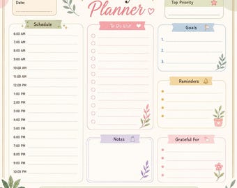 Planificador diario imprimible, planificador con estética pastel, horario diario, lista de tareas, planificador de objetivos, autocuidado y gratitud, planificador digital