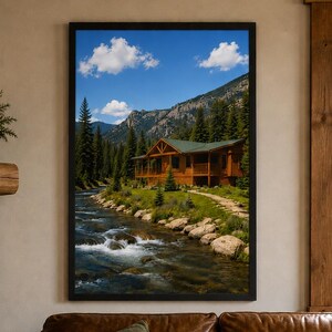 Riverside Escape Framed Print | Cabin, River, Mountain Landscape Art (Hidden Scapes Collection)