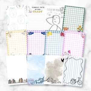 Könnte beinhalten: Eine Sammlung von elf rechteckigen Schreibpapierbögen mit verschiedenen Designs, darunter Vichy-Karos, Aquarellillustrationen von Tieren, Früchten, Blumen, Bergen, Haien, Büchern und einem Fahrrad, mit dem Text "Technically, they're in a row" und "Future me problems."