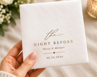 Serviettes personnalisées pour la veille du mariage, serviettes de cocktail personnalisées pour le dîner de répétition, serviettes de mariage dorées à la feuille d'or, noms des mariés et date