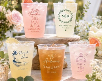 Bicchieri da matrimonio personalizzati con finitura satinata, bicchieri per feste con nomi e data personalizzati, bicchieri di plastica riutilizzabili, articoli per bevande per ricevimenti di matrimonio.