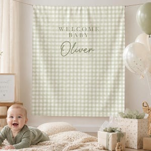 Fondo personalizado para baby shower, tapiz de cuadros vichy con nombre personalizado, pancarta de bienvenida para bebé, decoración para fiesta de guardería en verde salvia