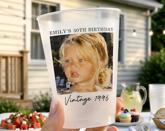 Personalized Birthday Vintage Photo Cup, Birthday Party Frosted Plastic Drinkware, 30th Birthday, Birthday Face Cups