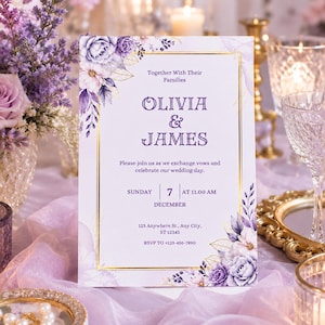 Floral Wedding Invitation Template, Editable Canva Invite, Printable Purple Gold Frame Lavender Wedding Card, Digital Download