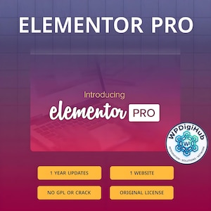 Peut inclure: Un graphique numérique pour Elementor Pro avec un fond dégradé violet et un motif en grille. Le texte indique Introducing elementor PRO, 1 YEAR UPDATES, 1 WEBSITE, NO GPL OR CRACK, et ORIGINAL LICENSE. Un logo circulaire WP DigiHub est présent.