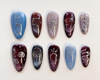 Witchy Nails Symbol Nails Long Almond Nails/Silver Line Nails/Star Moon Nails/Mushroom Snake Nails/Custom Nails Holiday Nails