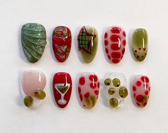 Martini Olive Nails Long Almond Nails/Christmas Nails/Red Green Nails/Cocktail Nails/Custom Nails Holiday Nails