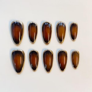 May include: A set of ten press-on nails featuring a glossy, gradient finish that transitions from a deep, dark brown at the tips to a warm, translucent amber tone at the base, all outlined with a thin, metallic gold border along the edges.